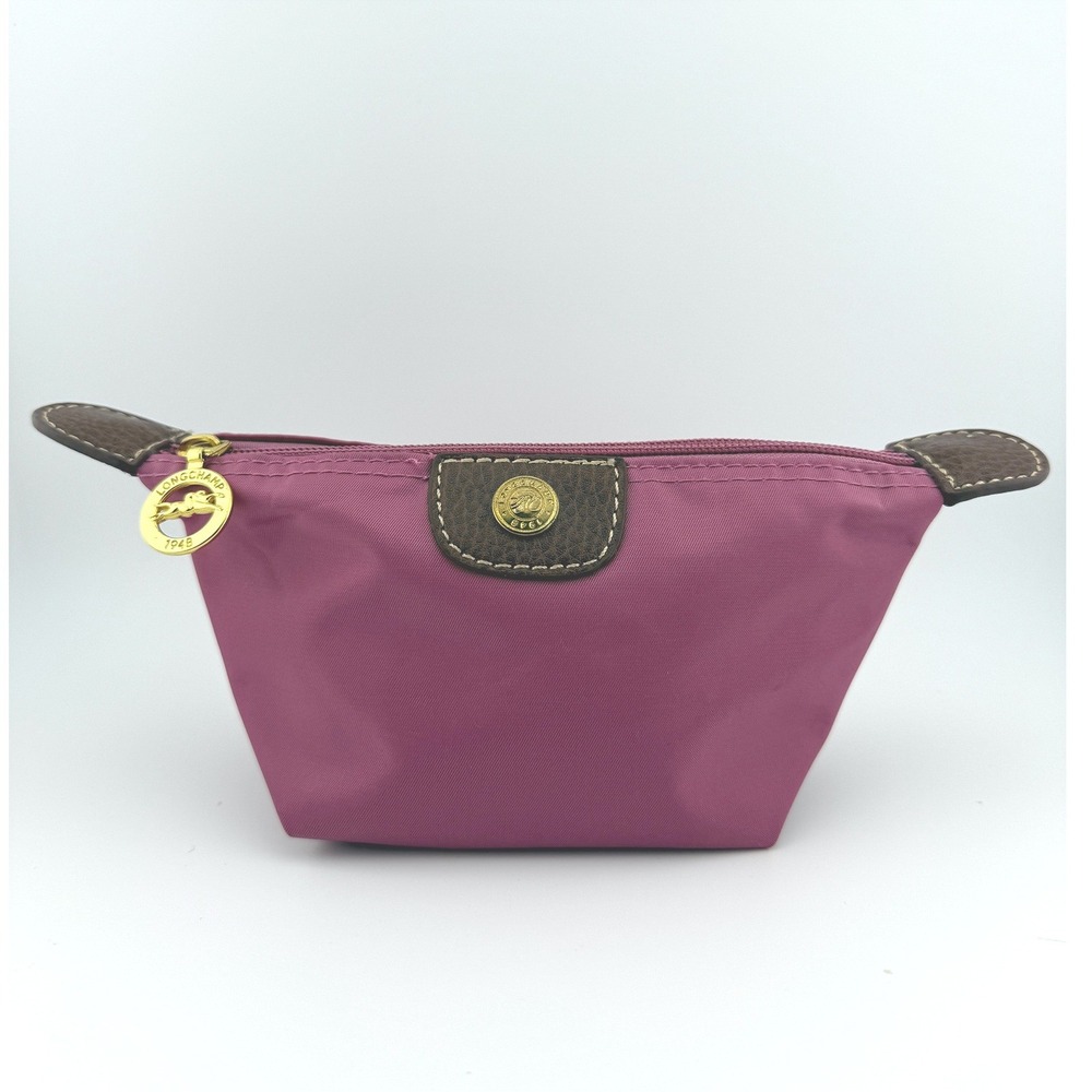 Longchamp Le Pliage Coin Purse Pink Mauve Nylon Leather Trim Zip Pouch Mini